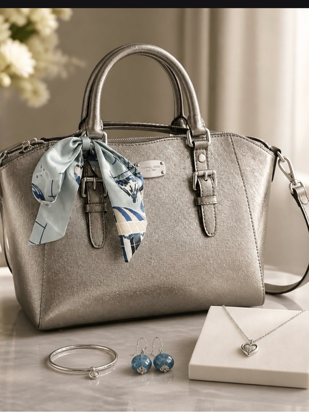 Michael Kors Metallic Silver Satchel with Blue Scarf Accent